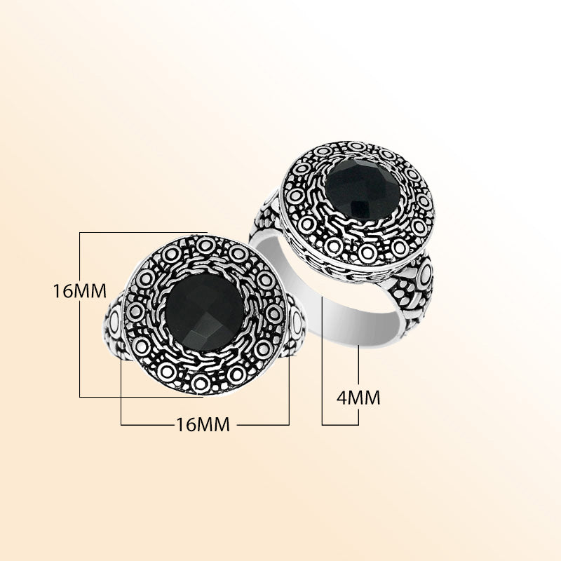 Handmade sterling silver Balinese ring with round Black Onyx Quartz in ornate engraved bezel.