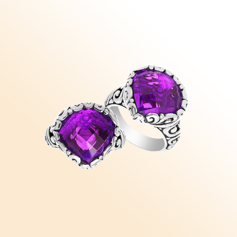 Handmade sterling silver statement ring with Amethyst Quartz stones and Balinese silverwork