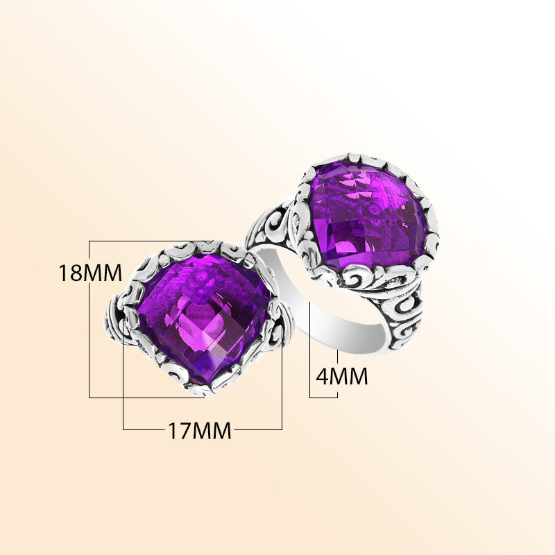 Handmade sterling silver statement ring with Amethyst Quartz stones and Balinese silverwork