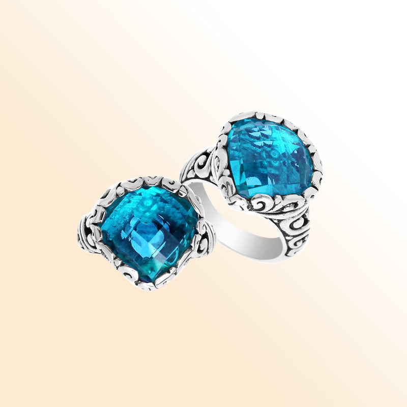 Handmade sterling silver statement ring with Blue Topaz Quartz stones and Balinese silverwork