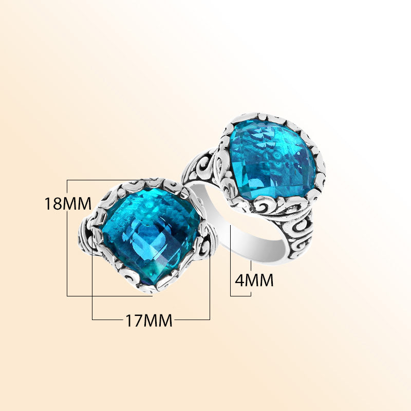 Handmade sterling silver statement ring with Blue Topaz Quartz stones and Balinese silverwork