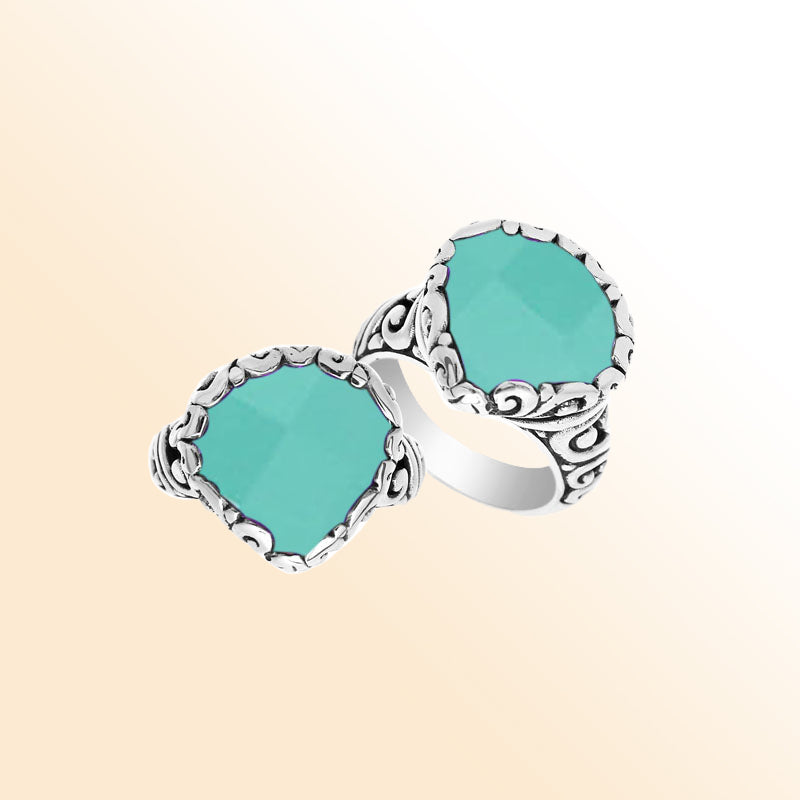 Handmade sterling silver statement ring with Green Chalcedony Quartz Stones and Balinese scroll details