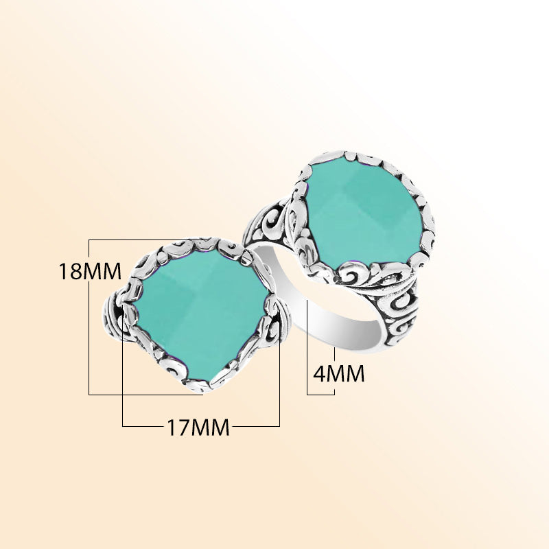 Handmade sterling silver statement ring with Green Chalcedony Quartz Stones and Balinese scroll details