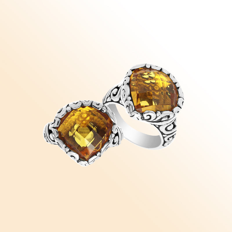 Handmade sterling silver statement ring with Citrine Quartz stones and Balinese silverwork