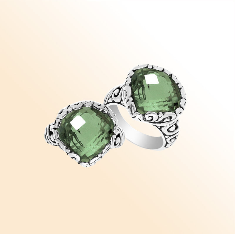 Handmade sterling silver statement ring with Green Amethyst Quartz stones and Balinese silverwork