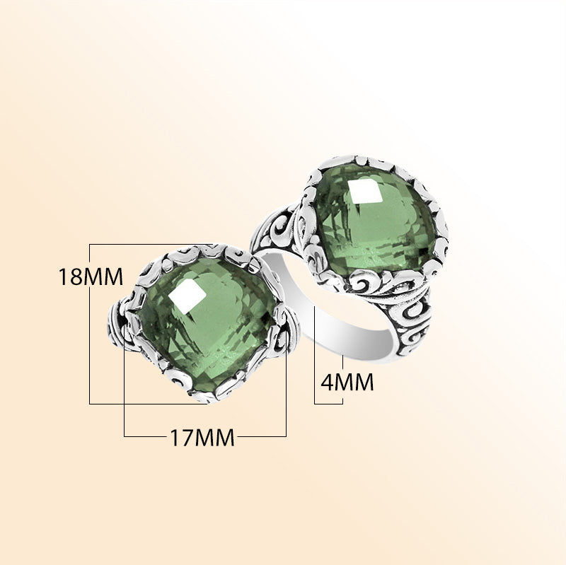 Handmade sterling silver statement ring with Green Amethyst Quartz stones and Balinese silverwork