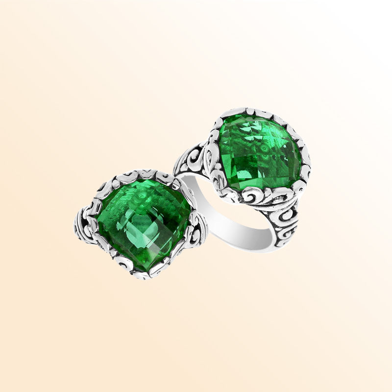 Handmade sterling silver statement ring with Green Quartz stones and Balinese silverwork