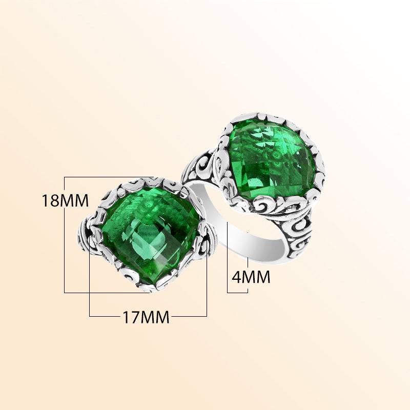Handmade sterling silver statement ring with Green Quartz stones and Balinese silverwork