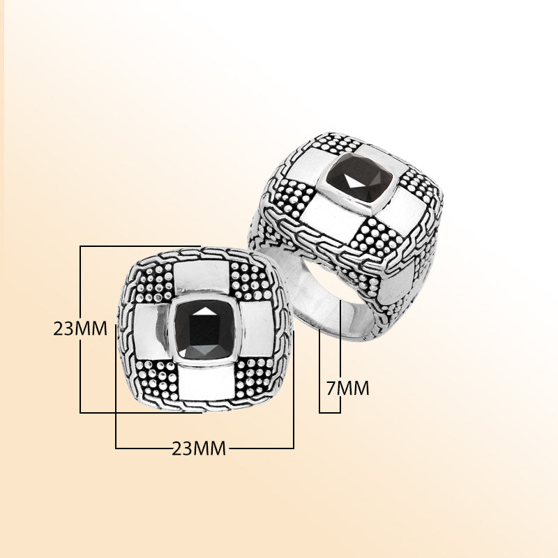 Handmade sterling silver square design statement ring with Black Onyx and Balinese texture