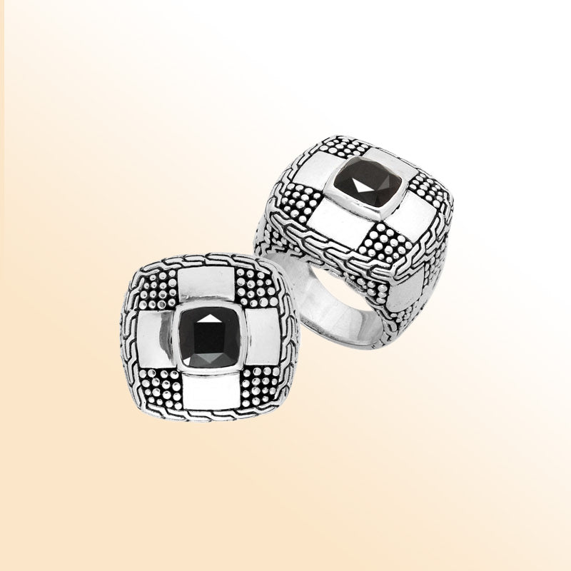 Handmade sterling silver square design statement ring with Black Onyx and Balinese texture