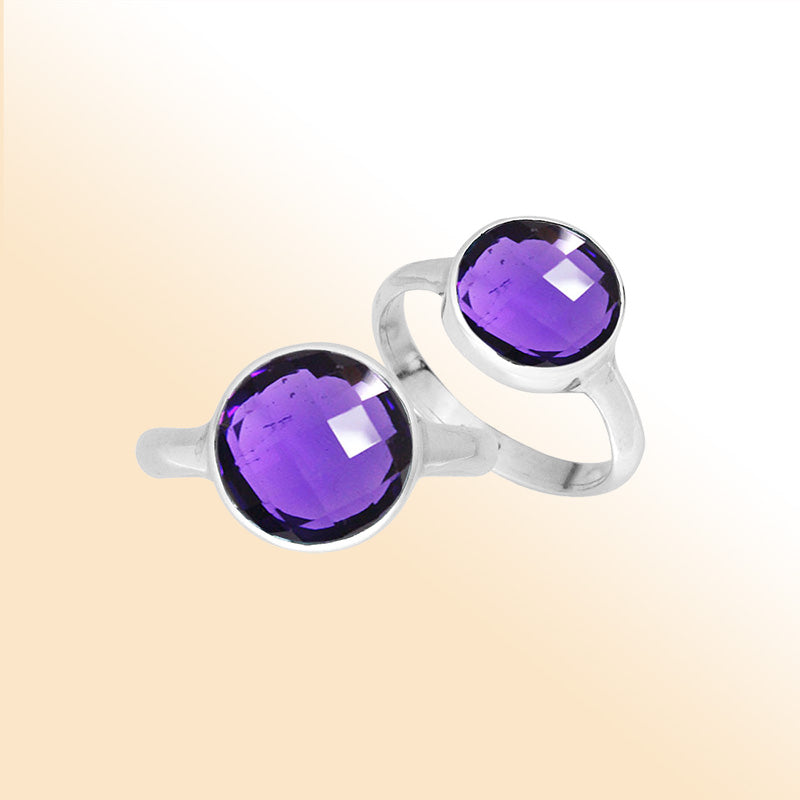 Handmade sterling silver round bezel double stone ring with Amethyst Quartz