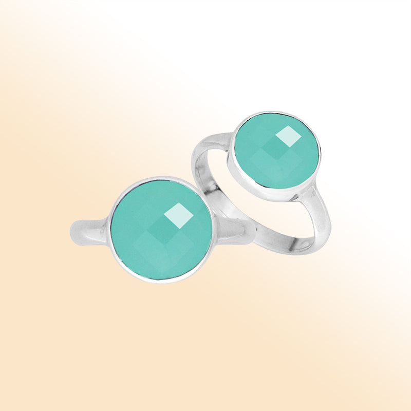 Handmade sterling silver round bezel double stone ring with Green Chalcedony Quartz