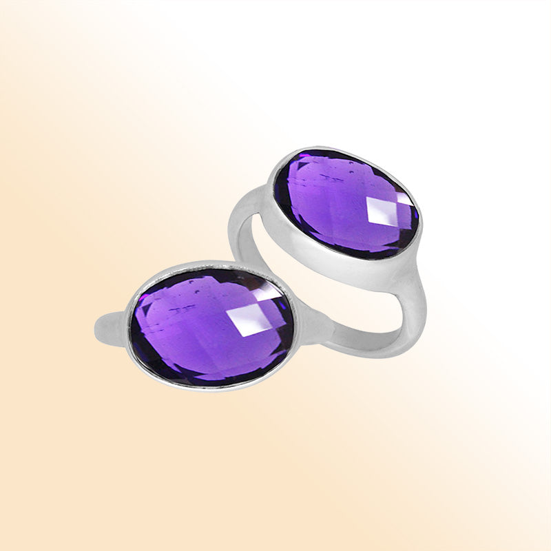 Handmade sterling silver oval bezel double stone ring with Amethyst Quartz