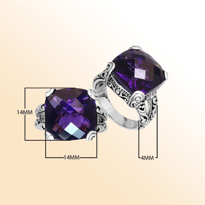 Elegant sterling silver ring with cushion-cut Amethyst Quartz, handcrafted Bali design.