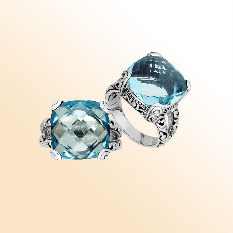 Elegant sterling silver ring with cushion-cut Blue Topaz Quartz, handcrafted Bali design.