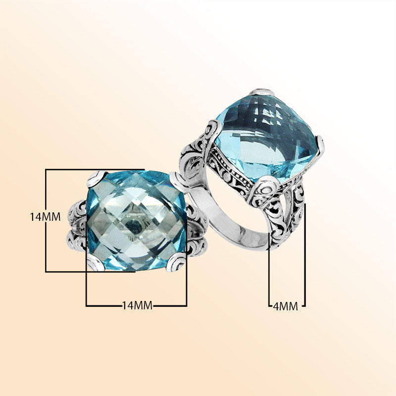 Elegant sterling silver ring with cushion-cut Blue Topaz Quartz, handcrafted Bali design.