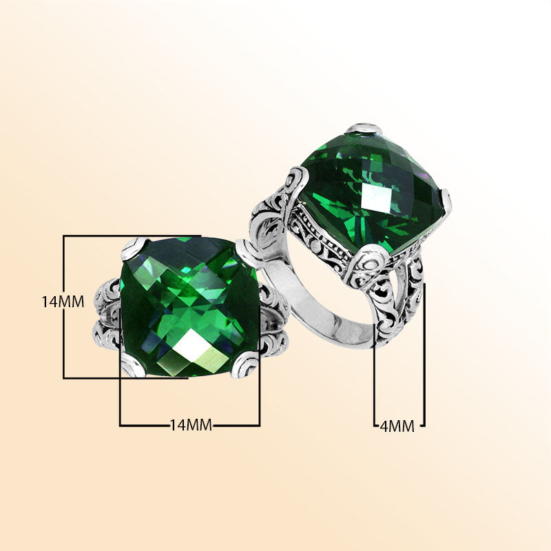 Elegant sterling silver ring with cushion-cut green quartz, handcrafted Bali design.