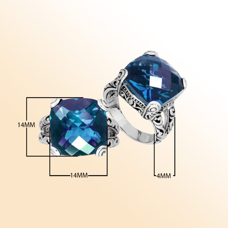 Handmade Sterling Silver ornate statement ring with cushion-cut London Blue Topaz Quartz, artisan crafted in Bali