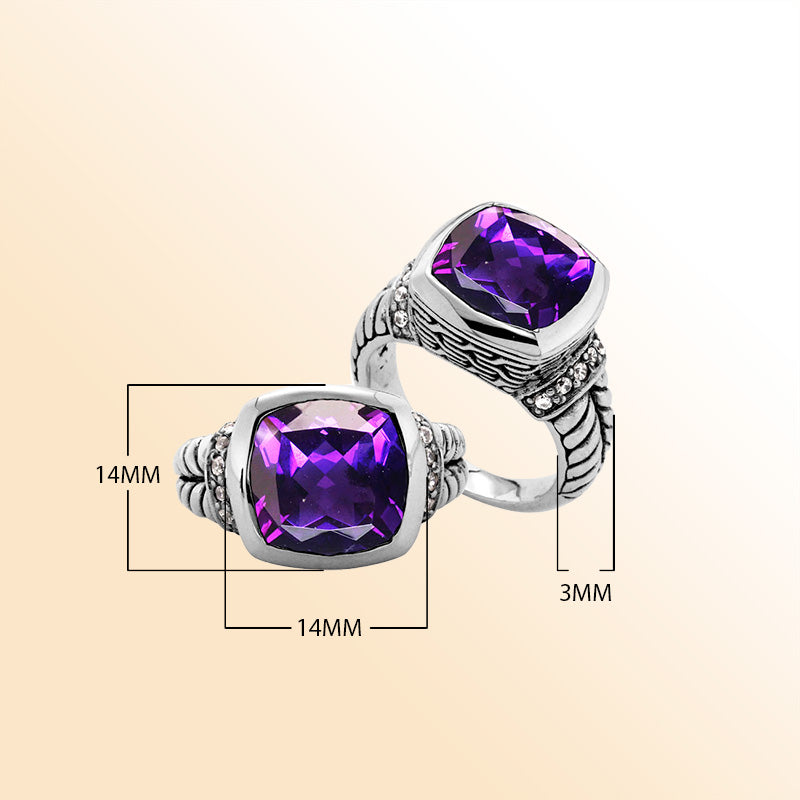 Sterling silver handcrafted Amethyst Quartz and Cubic Zirconia cushion-cut statement ring from Bali
