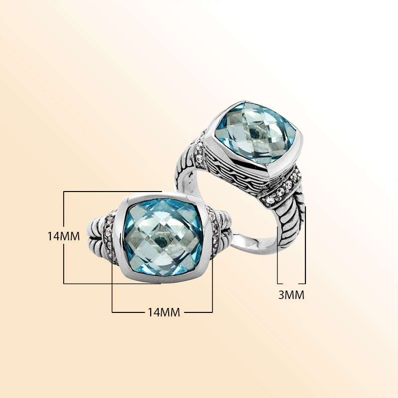 Blue Topaz Quartz and Cubic Zirconia Sterling Silver Ring for Retail, Handcrafted in Bali with a cushion-cut stone and polished finish.