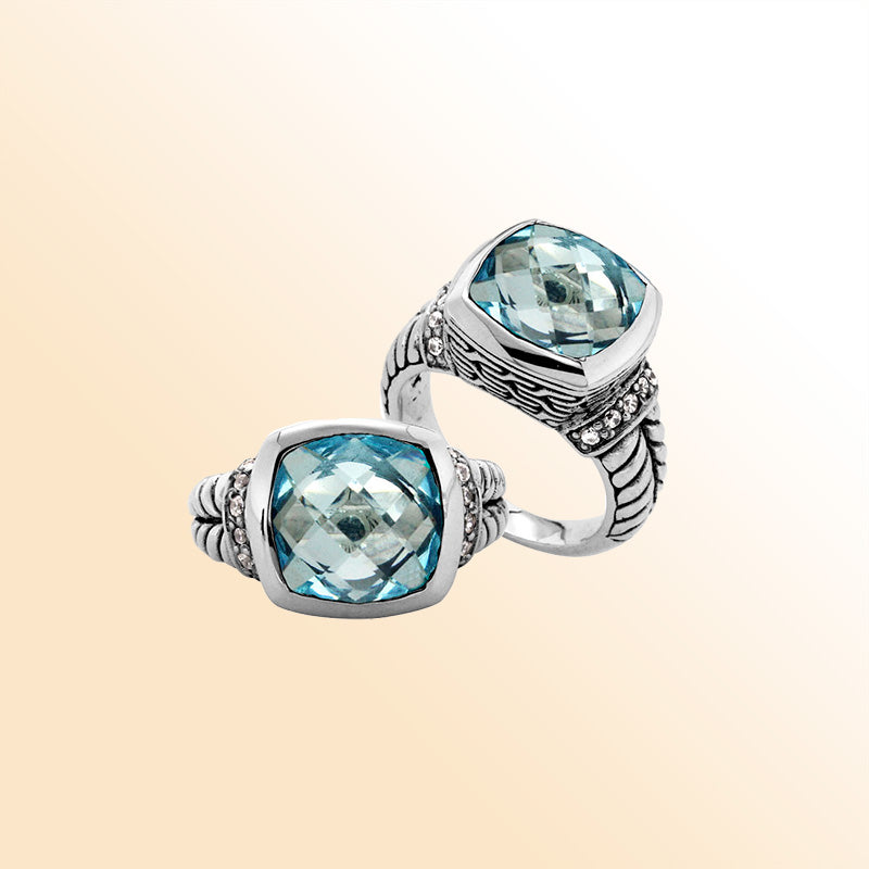 Blue Topaz Quartz and Cubic Zirconia Sterling Silver Ring for Retail, Handcrafted in Bali with a cushion-cut stone and polished finish.