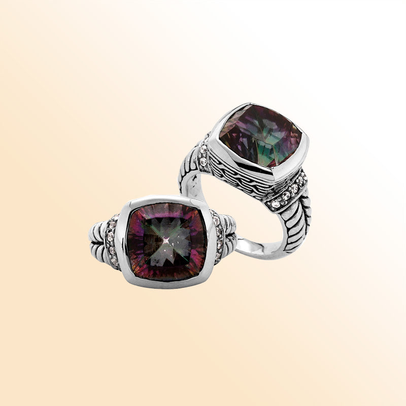 Mystic Topaz Quartz and Cubic Zirconia sterling silver ring, handcrafted in Bali with cushion-cut rainbow stone and polished finish.