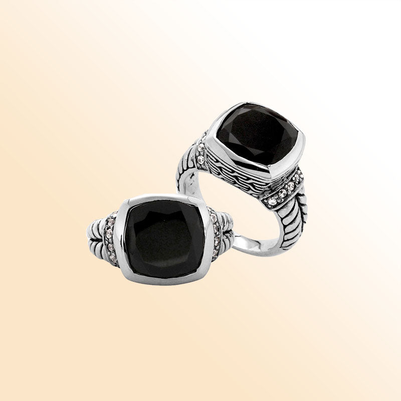 Retail Black Onyx Quartz And Cubic Zirconia sterling silver ring, handcrafted in Bali with cushion-cut stone and polished finish.
