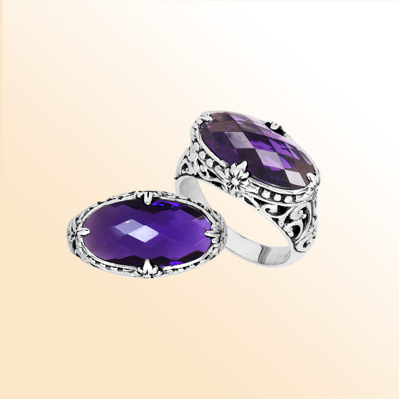 Sterling silver handcrafted Amethyst Quartz oval statement ring with Balinese floral design