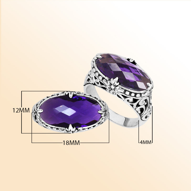 Sterling silver handcrafted Amethyst Quartz oval statement ring with Balinese floral design