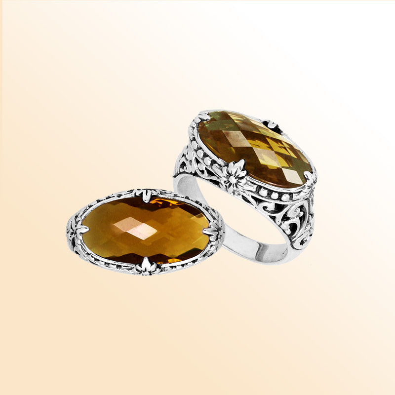 Sterling silver handcrafted Citrine Quartz oval statement ring with Balinese floral detailing