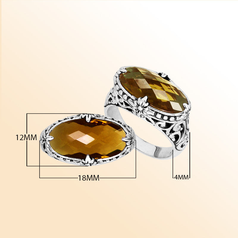 Sterling silver handcrafted Citrine Quartz oval statement ring with Balinese floral detailing