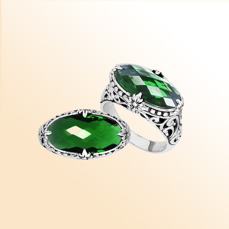 Sterling silver handcrafted Green Quartz oval statement ring with Balinese floral detailing