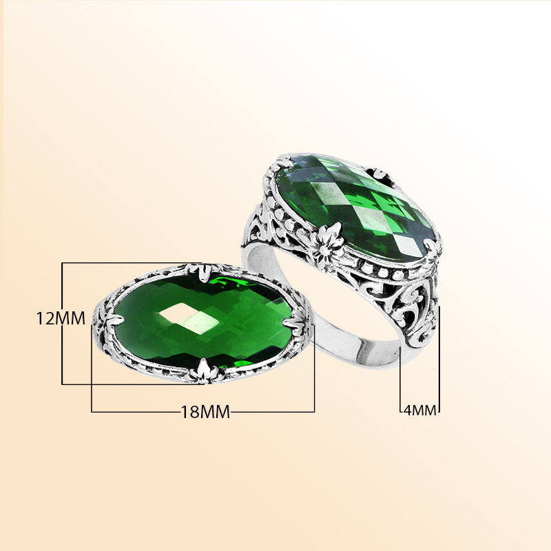 Sterling silver handcrafted Green Quartz oval statement ring with Balinese floral detailing