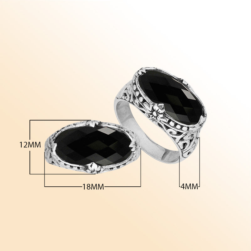 Sterling silver handcrafted Black Onyx oval statement ring with Balinese floral design