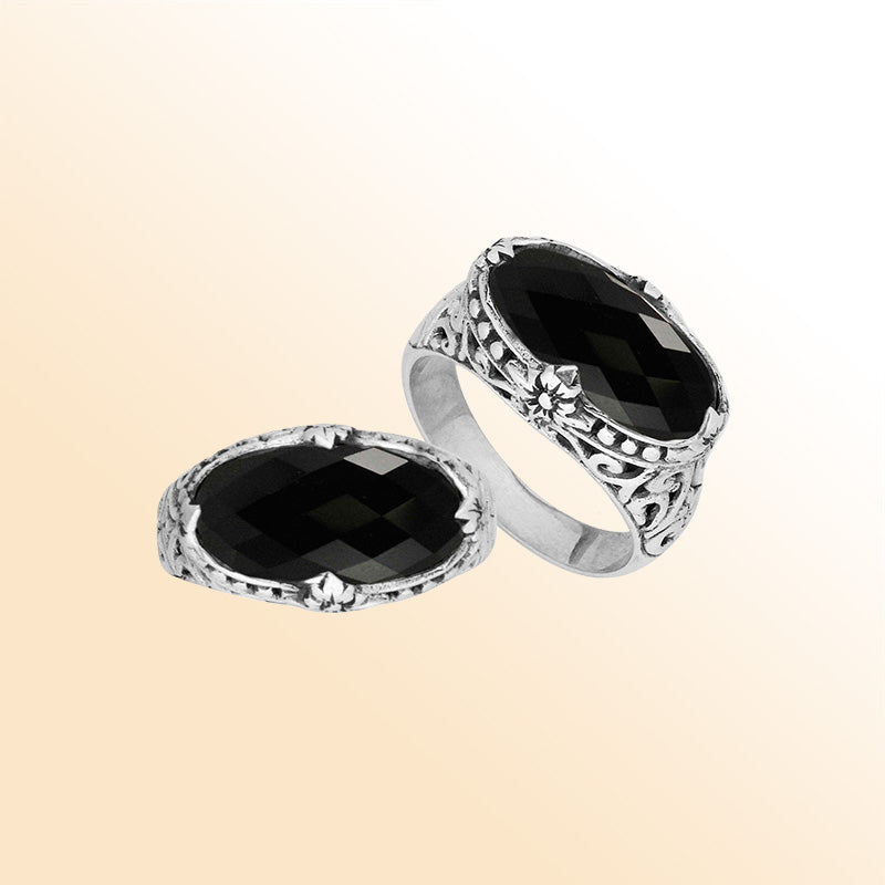 Sterling silver handcrafted Black Onyx oval statement ring with Balinese floral design