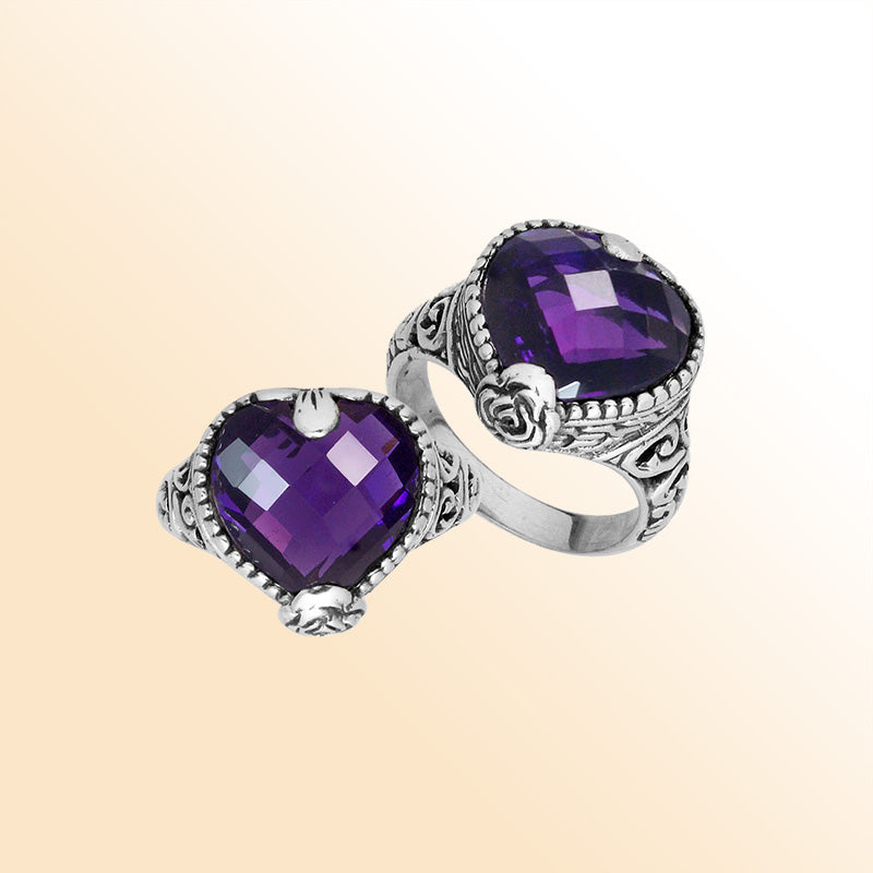 925 Sterling Silver Amethyst Quartz heart ring with detailed Balinese filigree, handcrafted in Bali
