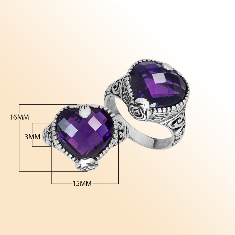 925 Sterling Silver Amethyst Quartz heart ring with detailed Balinese filigree, handcrafted in Bali