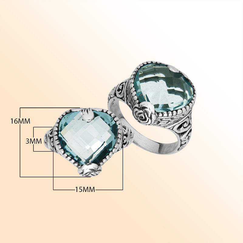 Sterling silver handcrafted Blue Topaz Quartz heart statement ring with Balinese detailing