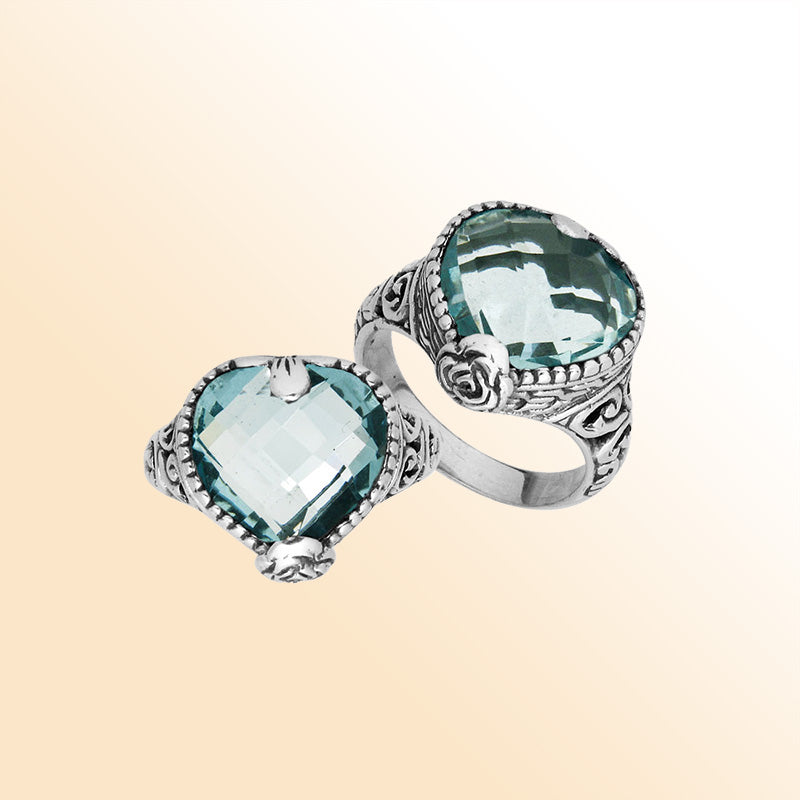 Sterling silver handcrafted Blue Topaz Quartz heart statement ring with Balinese detailing