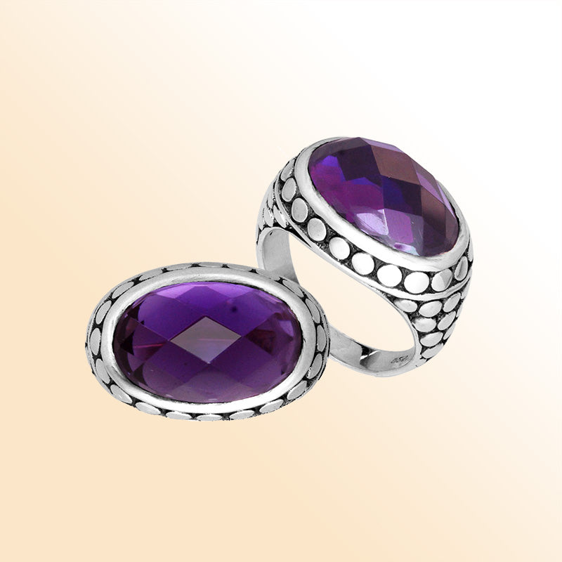Sterling Silver faceted oval Amethyst Quartz ring with Balinese dotted bezel, handcrafted in Bali