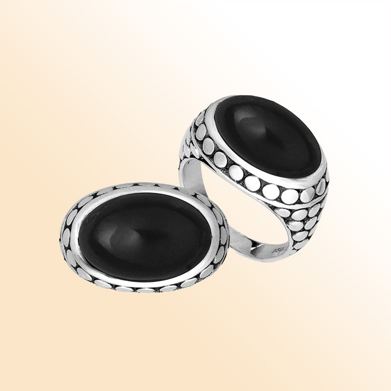 925 Sterling Silver Black Onyx oval ring with dotted Balinese bezel, handcrafted in Bali