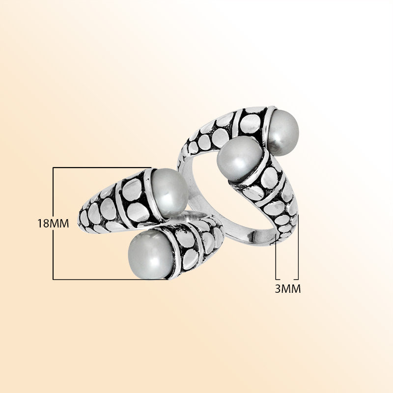 Sterling Silver White Pearl double cabochon split ring with dotted Balinese silverwork