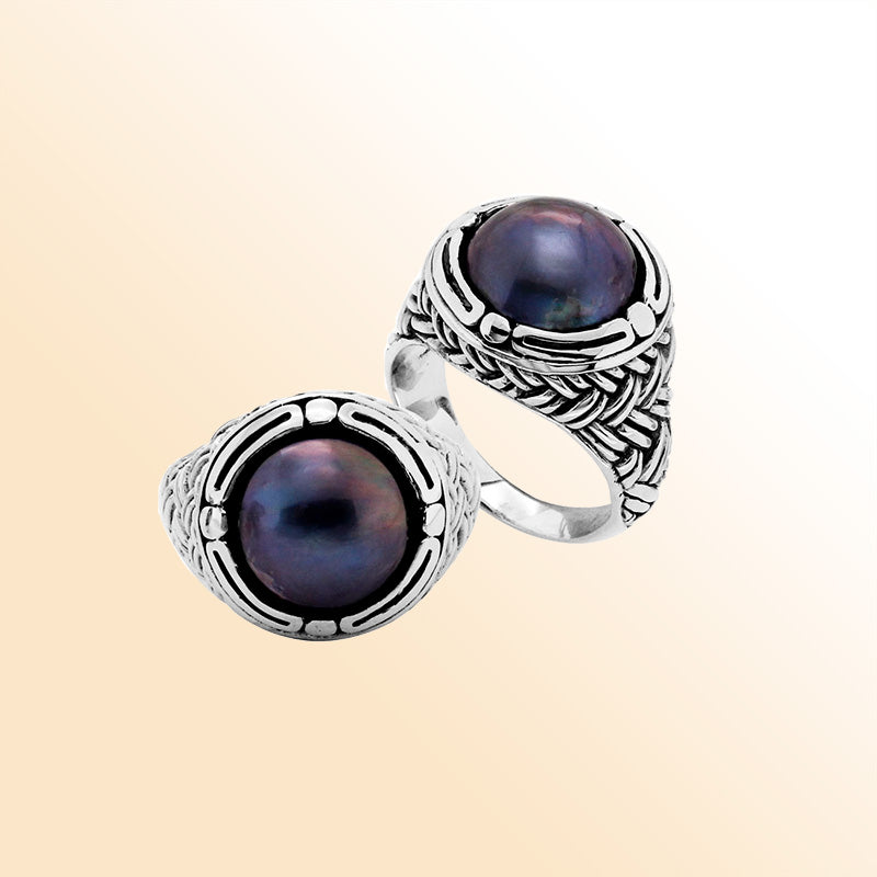 Sterling Silver Round Shape Ring With Gray Pearl cabochon ring with woven Balinese silver band, handcrafted in Bali