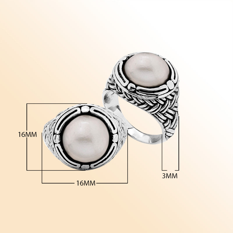 Sterling Silver Mabe Pearl cabochon woven band ring with Balinese silverwork, handcrafted in Bali