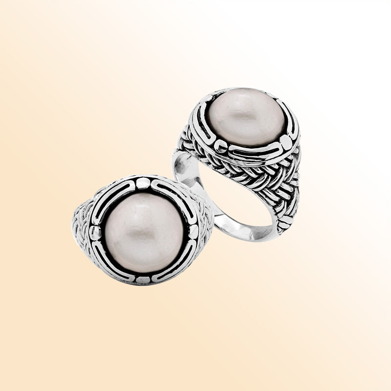 Sterling Silver Mabe Pearl cabochon woven band ring with Balinese silverwork, handcrafted in Bali