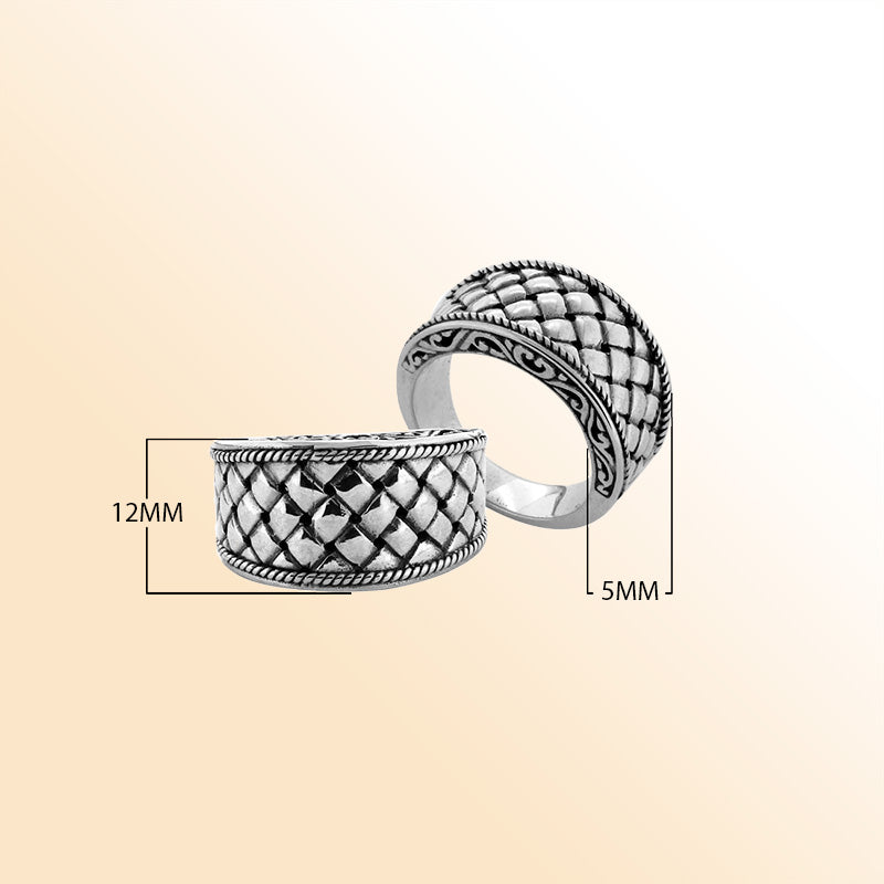 Sterling Silver woven wide band ring with Balinese rope edge design, handcrafted in Bali