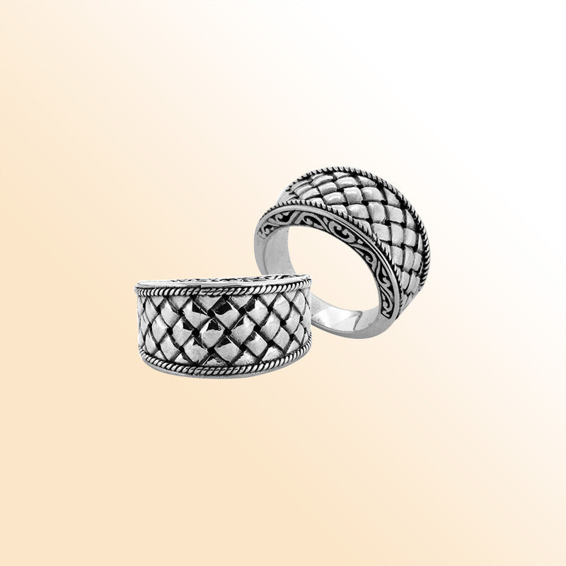 Sterling Silver woven wide band ring with Balinese rope edge design, handcrafted in Bali