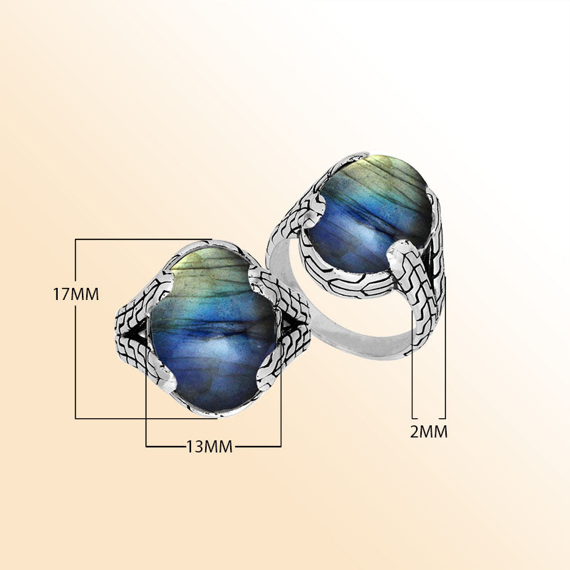 Sterling Silver oval Labradorite cabochon ring with Balinese engraved silver band, handcrafted in Bali