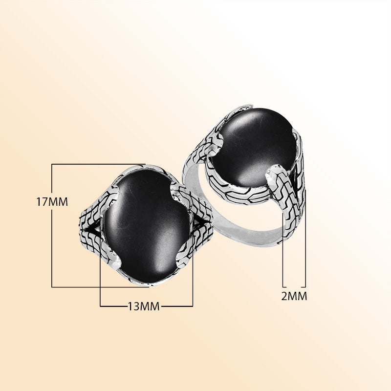 Sterling Silver oval Black Onyx cabochon ring with Balinese engraved silver band, handcrafted in Bali