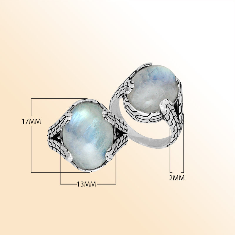 Sterling Silver oval Rainbow Moonstone cabochon ring with Balinese engraved silver band, handcrafted in Bali